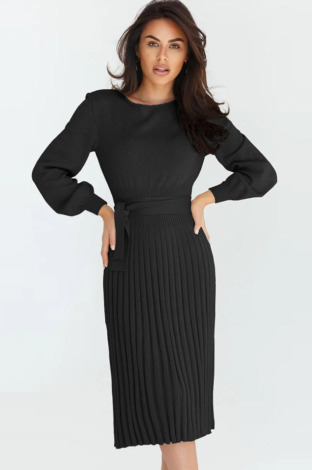 Robe Tricot Épousant à Manches Longues Brodée et Plissée