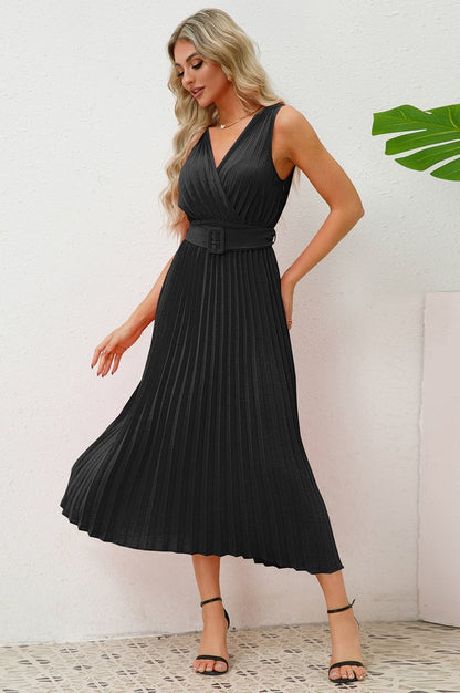 Robe Sans Manches Plissée avec Ceinture