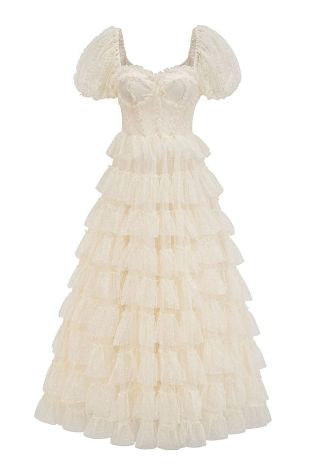 Robe de Cérémonie Évasée à Volants Décolleté Bardot