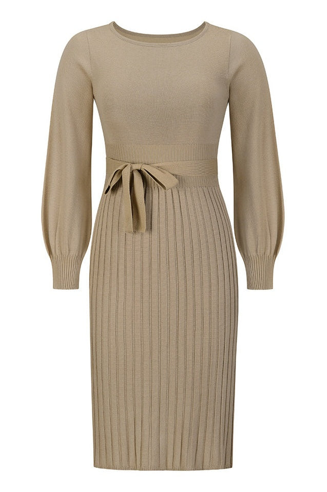 Robe Tricot Épousant à Manches Longues Brodée et Plissée