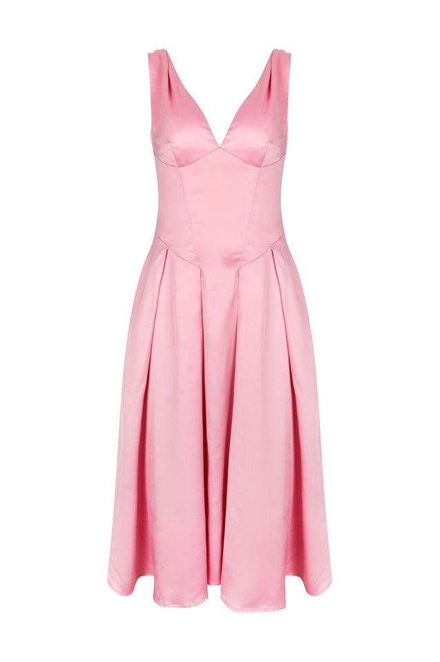 Robe Midi Satinée à Décolleté V Profond et Taille Cintrée