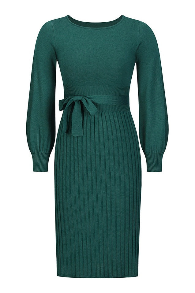 Robe Tricot Épousant à Manches Longues Brodée et Plissée