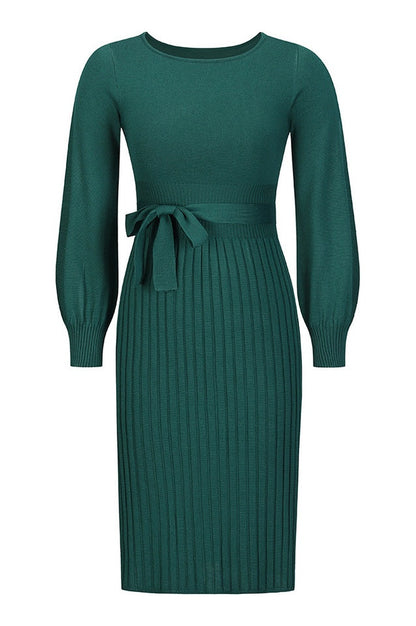 Robe Tricot Épousant à Manches Longues Brodée et Plissée