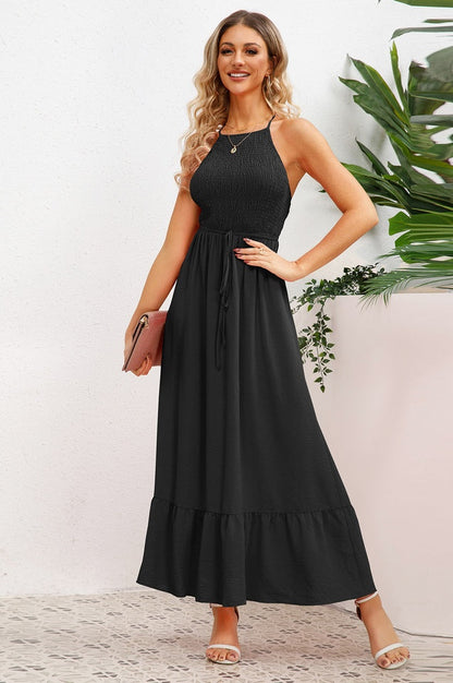 Robe de Cérémonie à Bretelles Spaghetti Croisées et Smockée