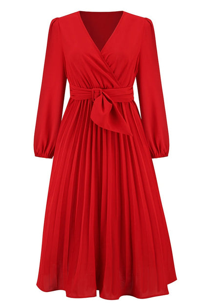 Robe V à Col en V avec Ceinture Plissée