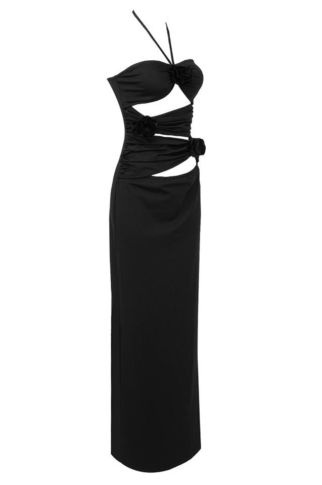 Robe Maxi Évasée à Col Halter, Découpes et Fronces