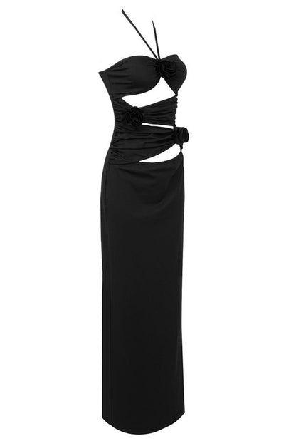 Robe Maxi Évasée à Col Halter, Découpes et Fronces