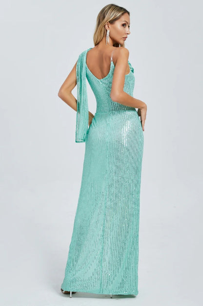 Robe Maxi Évasée à Épaule Unique et Décolleté Fissuré