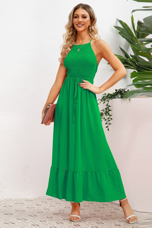 Robe de Cérémonie à Bretelles Spaghetti Croisées et Smockée