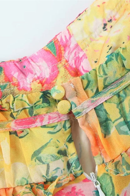 Robe Mini Empire Taille Haute en Chiffon Imprimé Floral