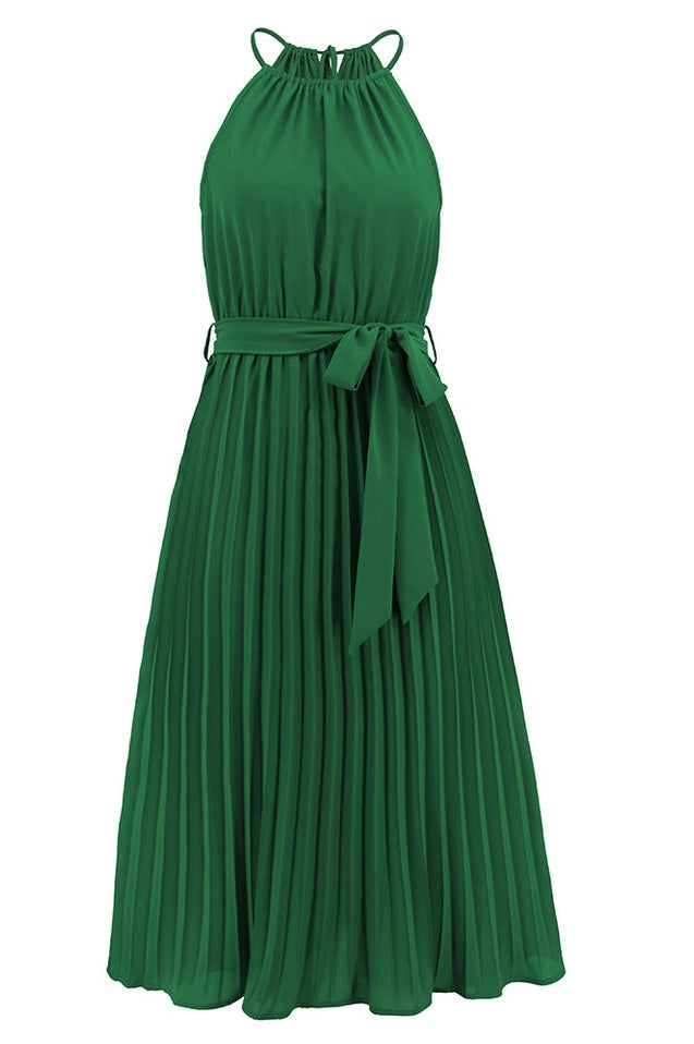 Robe Midi Évasée à Bretelles Spaghetti et Taille Cintrée Plissée