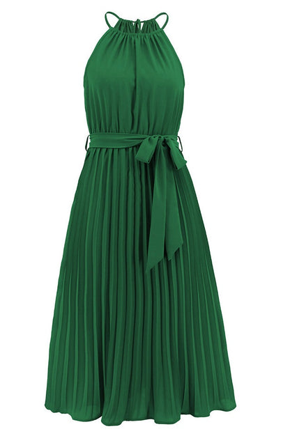 Robe Midi Évasée à Bretelles Spaghetti et Taille Cintrée Plissée
