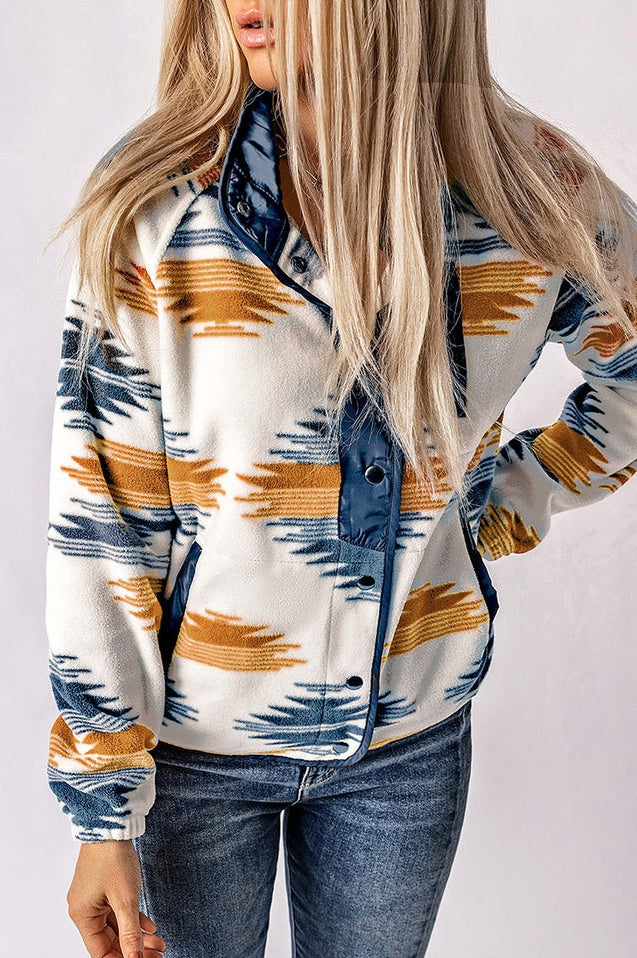 Veste en Fleece à Boutons-pression et Motif Aztèque