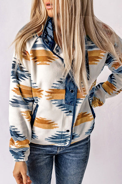 Veste en Fleece à Boutons-pression et Motif Aztèque