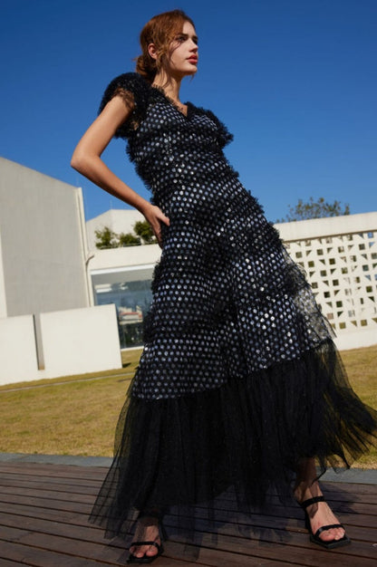Robe Maxi en Tulle à Volants Superposés et Paillettes