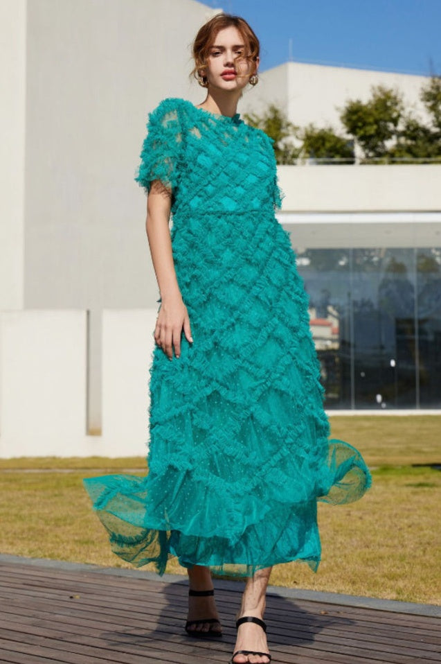 Robe Maximaliste à Volants en Tulle Taille Haute Opulente