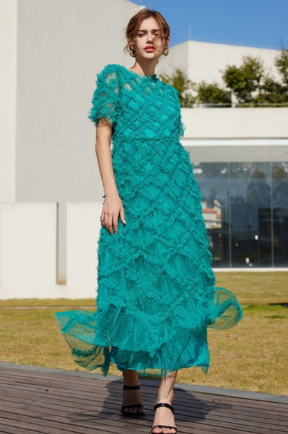 Robe Maximaliste à Volants en Tulle Taille Haute Opulente