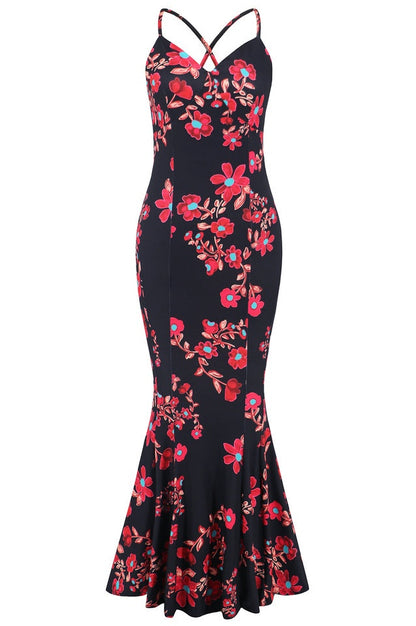 Robe de Soirée Brodée à Bretelles Croisées et Coupe Sirène