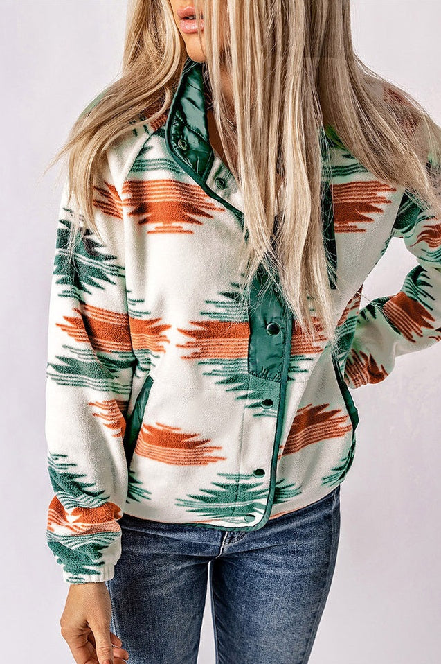 Veste en Fleece à Boutons-pression et Motif Aztèque