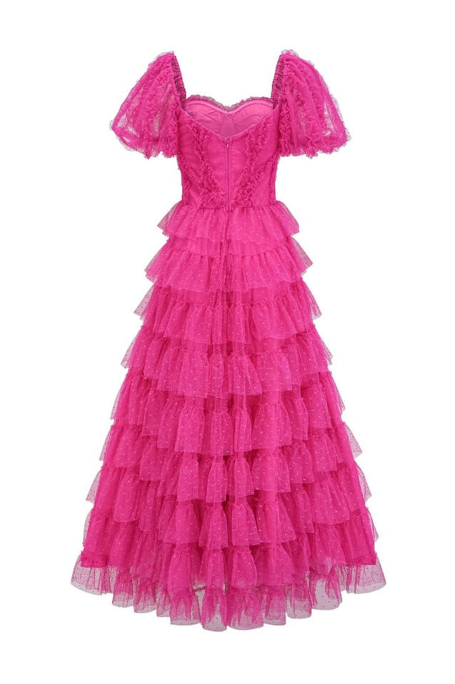 Robe de Cérémonie Évasée à Volants Décolleté Bardot