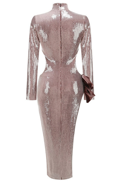 Robe Maxi à Manches Longues Brodée avec Détail Nœud en Sequins