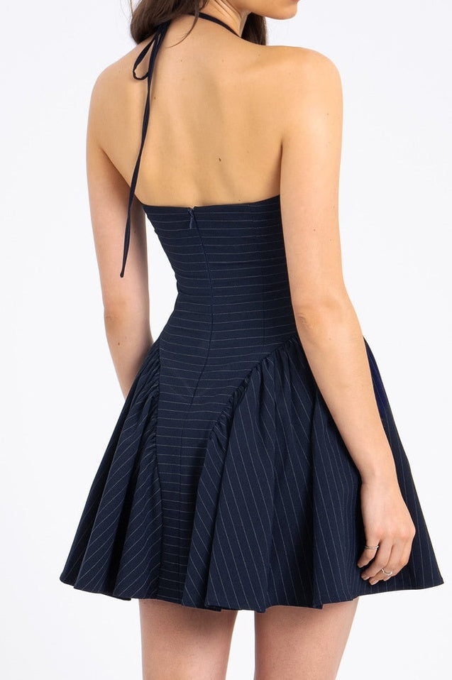 Robe Mini Halter à Taille Basse Brodée à Rayures Mélodie