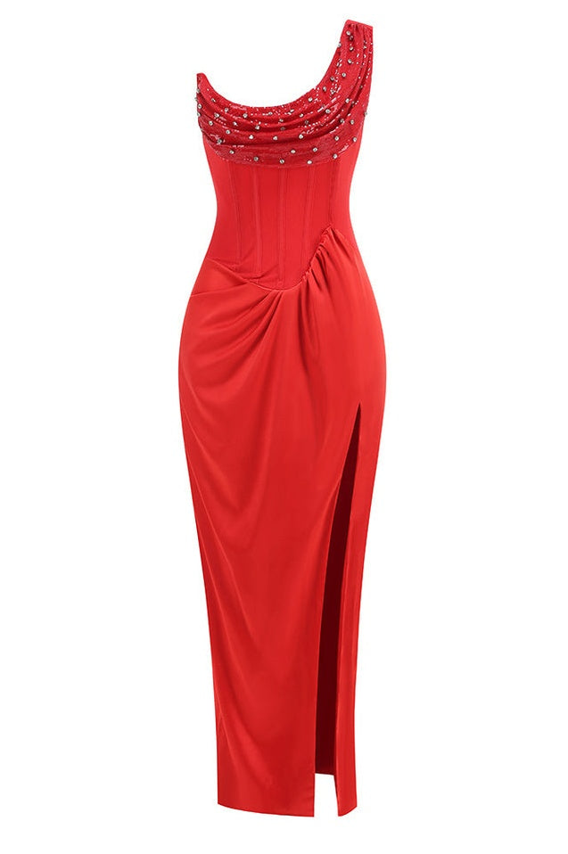 Robe Maxi Bodycon en Satin Rouge Minka