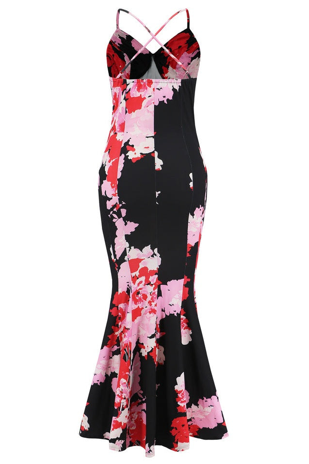 Robe de Soirée Brodée à Bretelles Croisées et Coupe Sirène