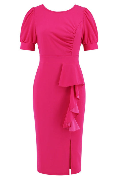 Robe Midi Bodycon à Manches Bouffantes, Volants et Fente