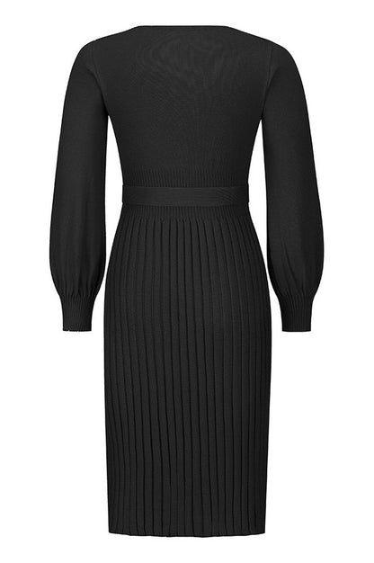 Robe Tricot Épousant à Manches Longues Brodée et Plissée