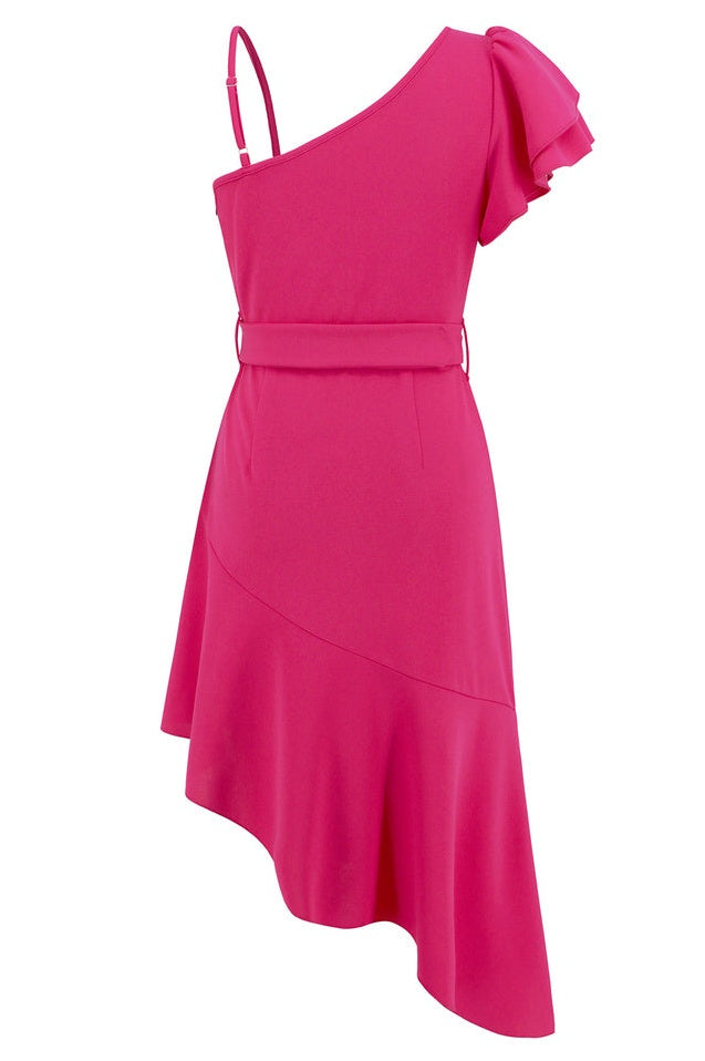 Robe Évasée à Encolure Asymétrique et Manches Papillon