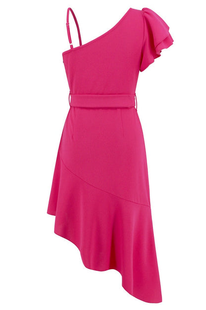 Robe Évasée à Encolure Asymétrique et Manches Papillon
