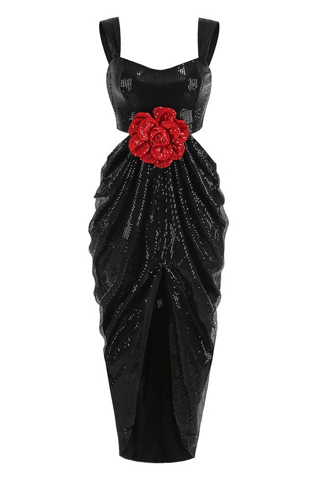 Robe Maxi Brodée à Découpe Rosette en Sequin