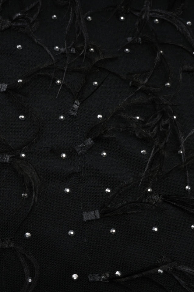 Robe Maxi Évasée avec Fente et Finition en Plume Synthétique Brodée de Strass
