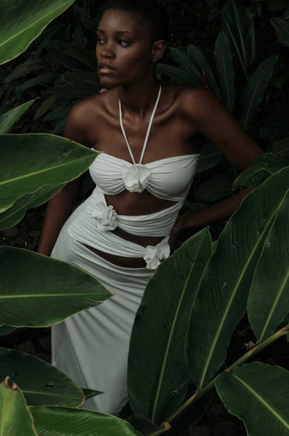 Robe Maxi Évasée à Col Halter, Découpes et Fronces