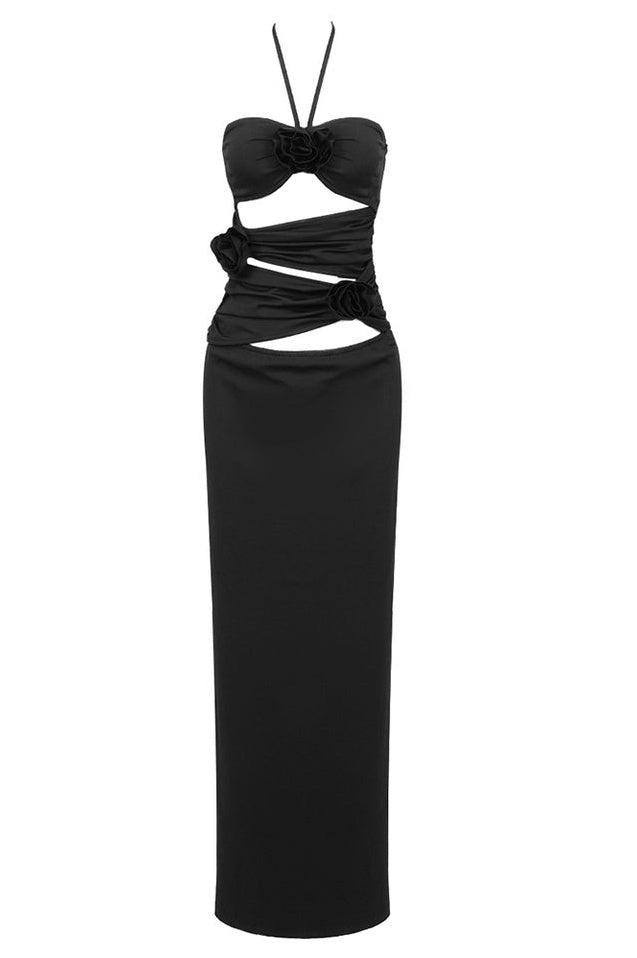 Robe Maxi Évasée à Col Halter, Découpes et Fronces