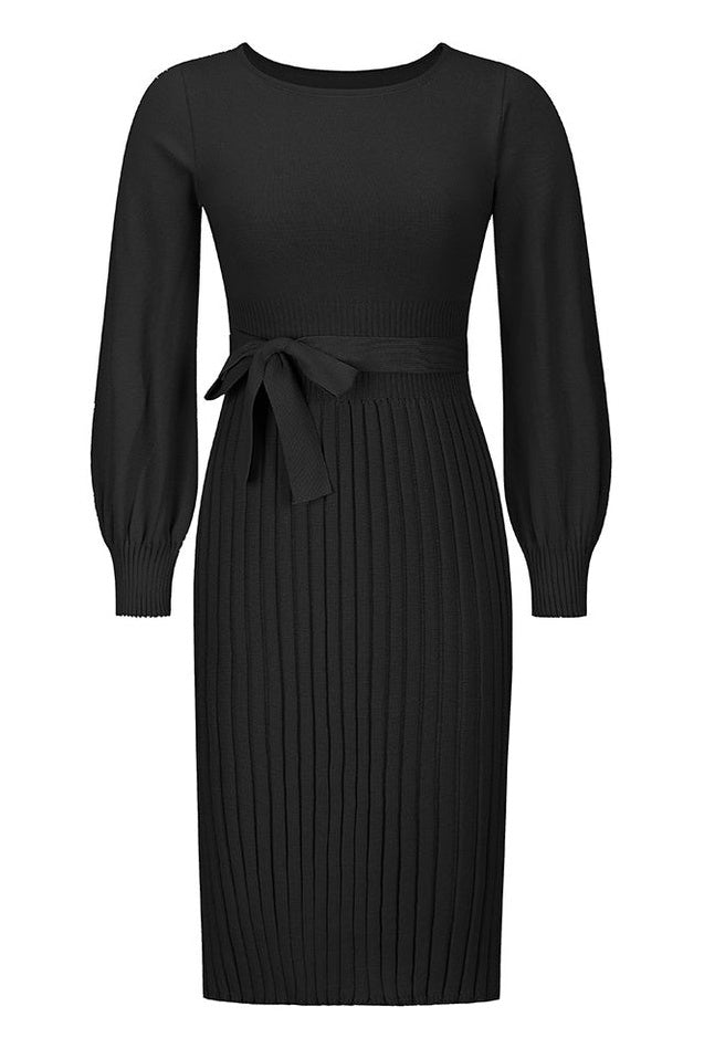 Robe Tricot Épousant à Manches Longues Brodée et Plissée