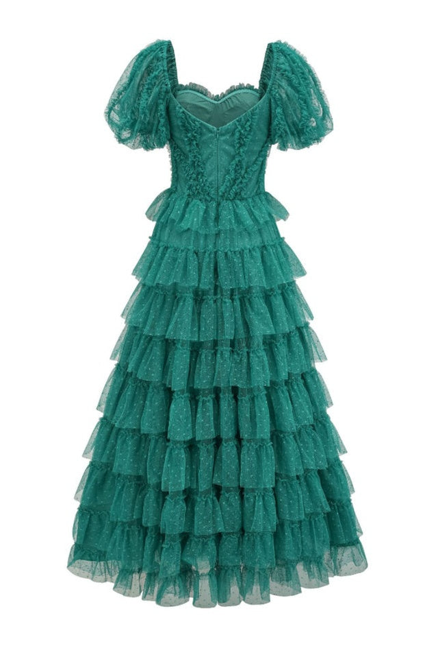 Robe de Cérémonie Évasée à Volants Décolleté Bardot