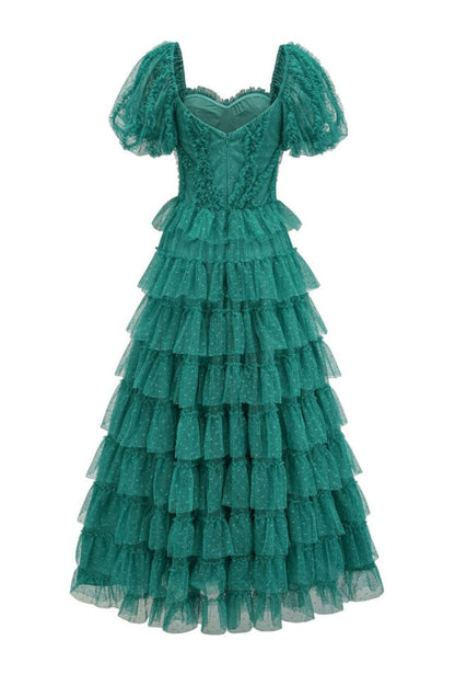 Robe de Cérémonie Évasée à Volants Décolleté Bardot