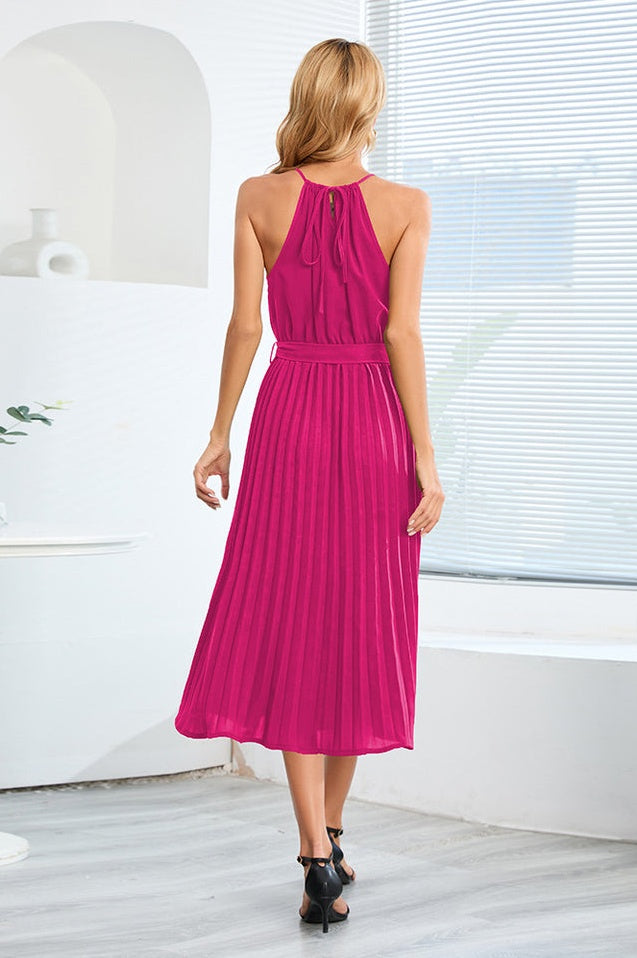 Robe Midi Évasée à Bretelles Spaghetti et Taille Cintrée Plissée