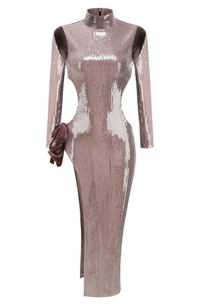 Robe Maxi à Manches Longues Brodée avec Détail Nœud en Sequins