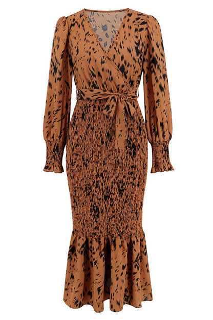 Robe Midi Smockée Imprimée à Col V