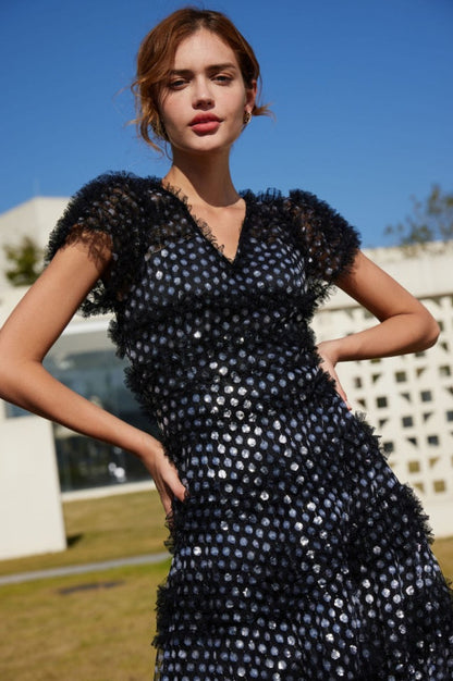 Robe Maxi en Tulle à Volants Superposés et Paillettes