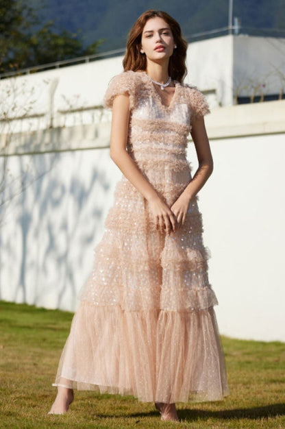 Robe Maxi en Tulle à Volants Superposés et Paillettes