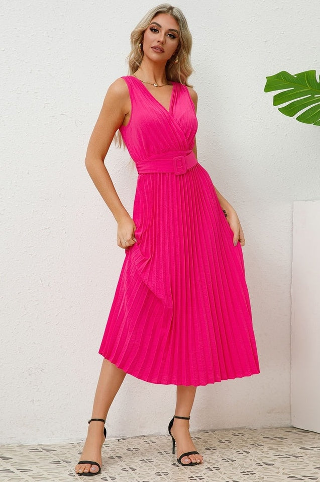 Robe Sans Manches Plissée avec Ceinture