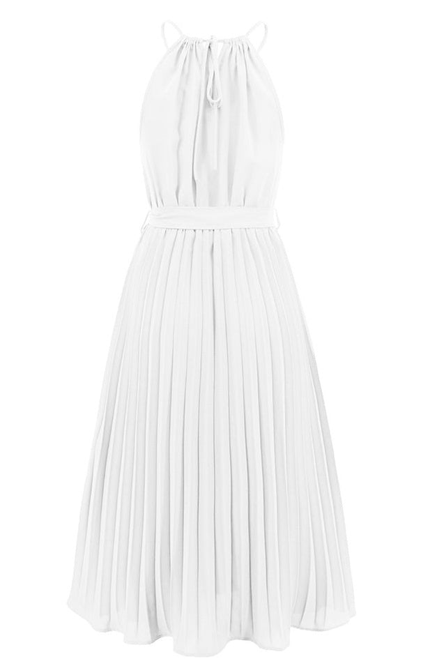 Robe Midi Évasée à Bretelles Spaghetti et Taille Cintrée Plissée