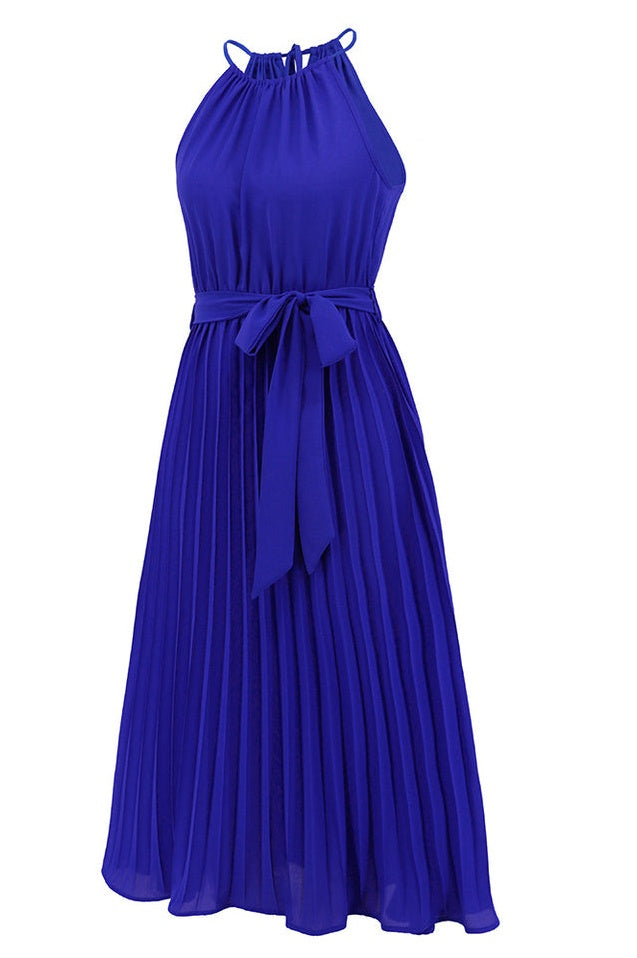 Robe Midi Évasée à Bretelles Spaghetti et Taille Cintrée Plissée