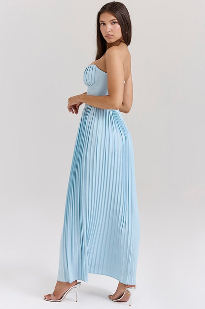 Robe Maxi Plissée Évasée de Luxe en Bleu Océan Marcella