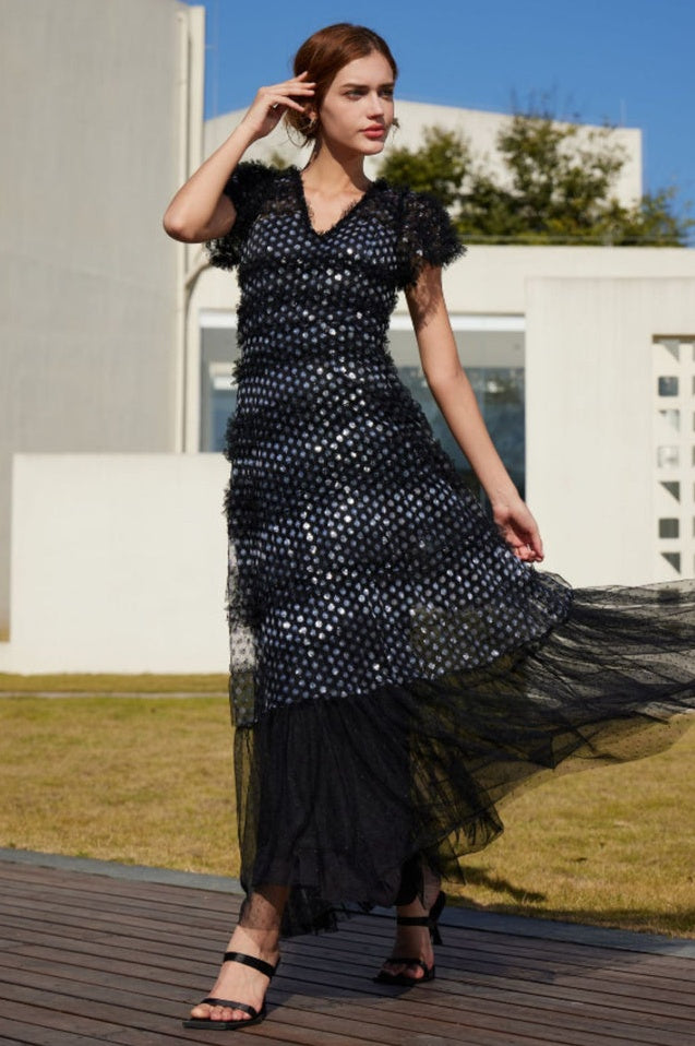 Robe Maxi en Tulle à Volants Superposés et Paillettes