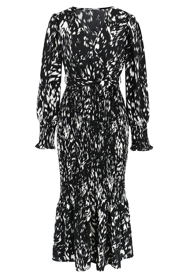 Robe Midi Smockée Imprimée à Col V